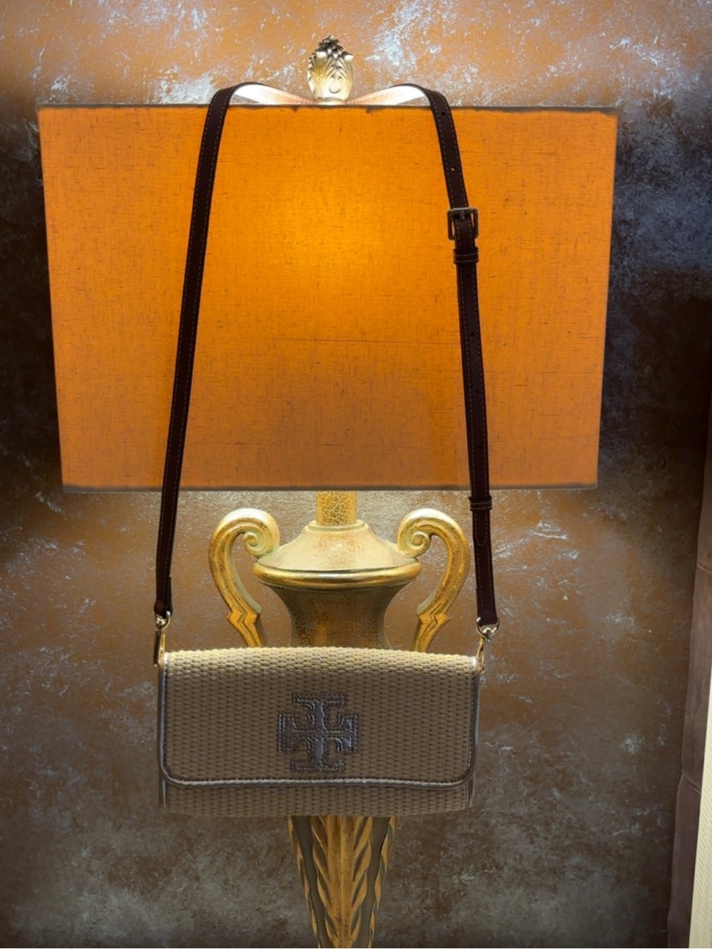 Cute Tory Burch Beige Woven Crossbody with Dark Brown Strap